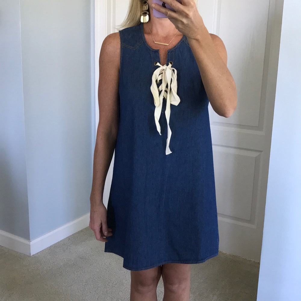 Denim Tie Front Dress - Picture 3 of 8